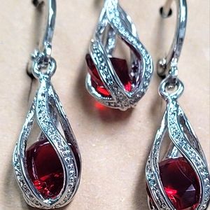 925S CZ Water Drop Red Pendant Necklace/Hoop Earrings Set